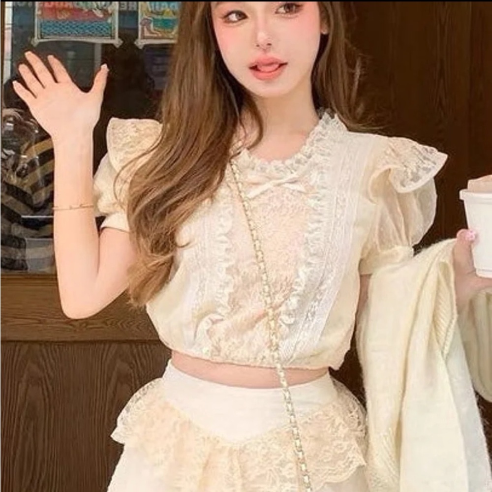 Japanese Kawaii Gyaru Lolita Himekaji Princess Cream Lace Frill Blouse Shirt Top
